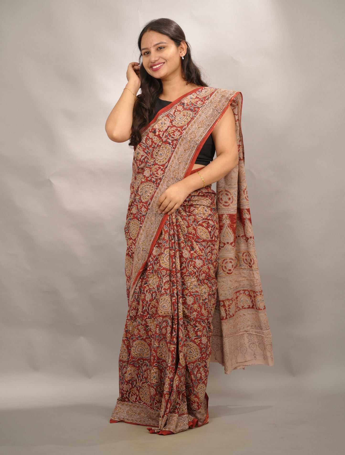 Red Hand Block Printed Kalamkari Cotton Saree | Looms & Tassels