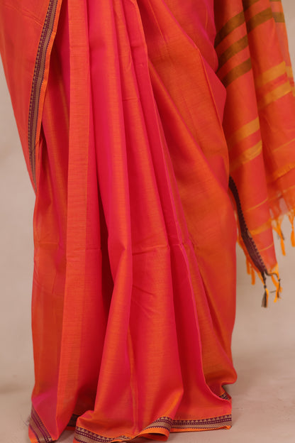 Orange Narayanpet Cotton Saree | Looms & Tassels