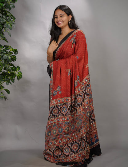 Maroon Ajrakh Modal Silk Hand Embroidery Saree  | Looms & Tassels
