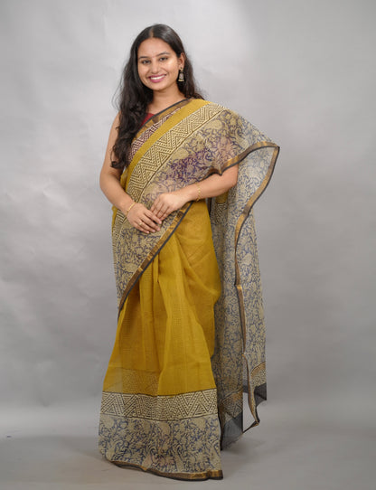 Yellow Pure Kota Doria Saree with Bagru Handblock Prints | Looms & Tassels