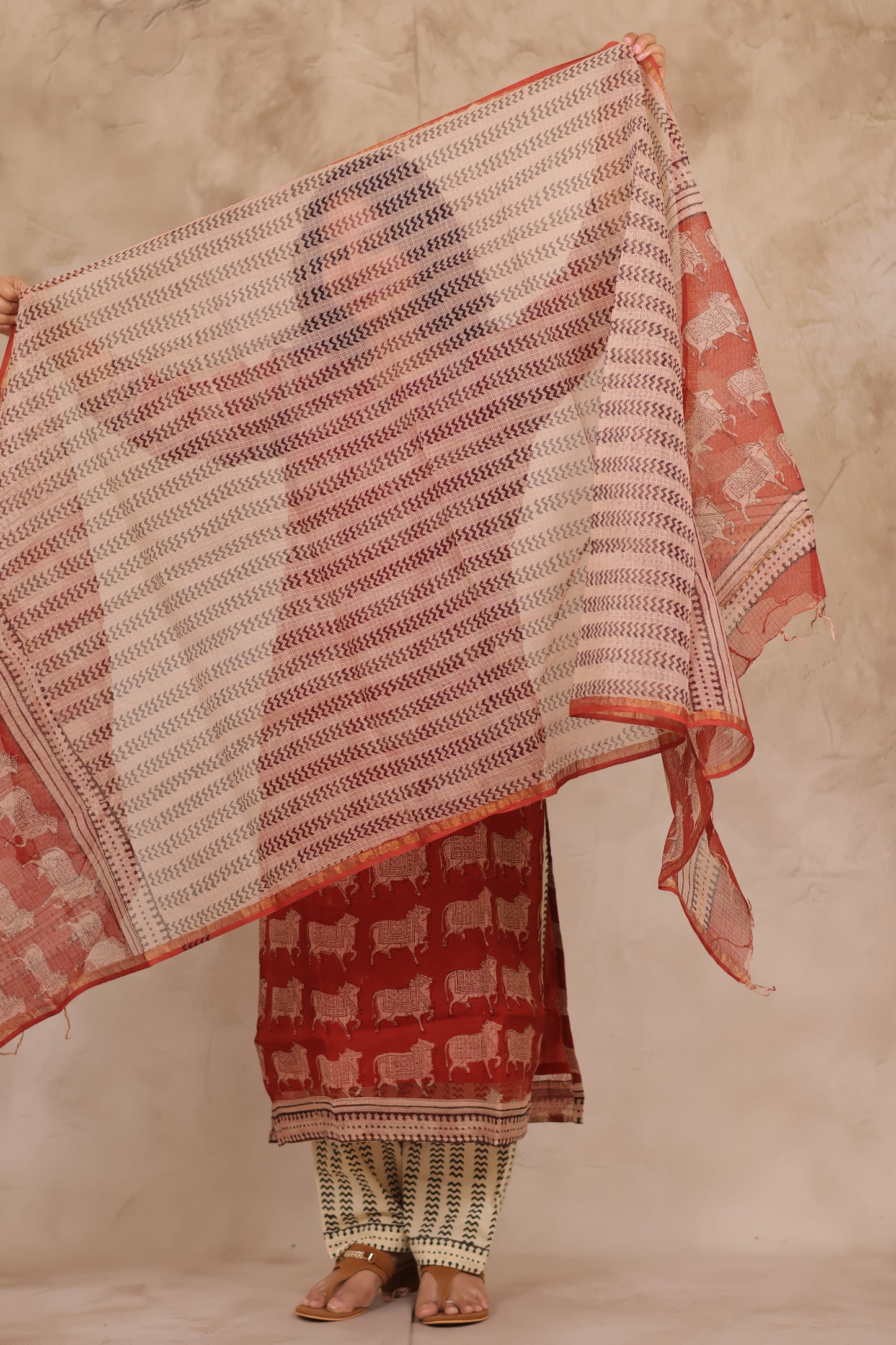 Maroon Pichwai Handblock printed kota 3 piece suit (stitched)