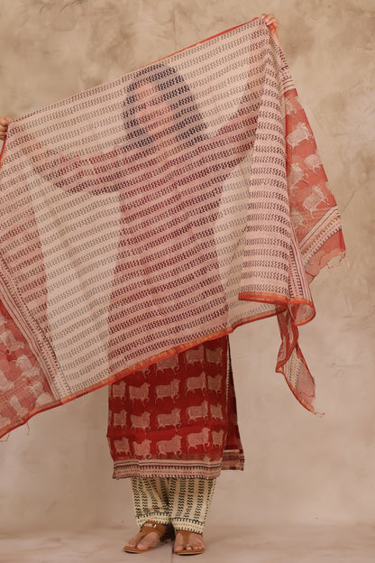 Maroon Pichwai Handblock printed kota 3 piece suit (stitched)