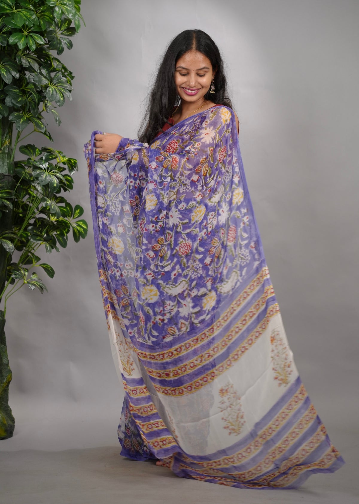 Violet Chiffon Hand Block Printed Saree | Looms & Tassels