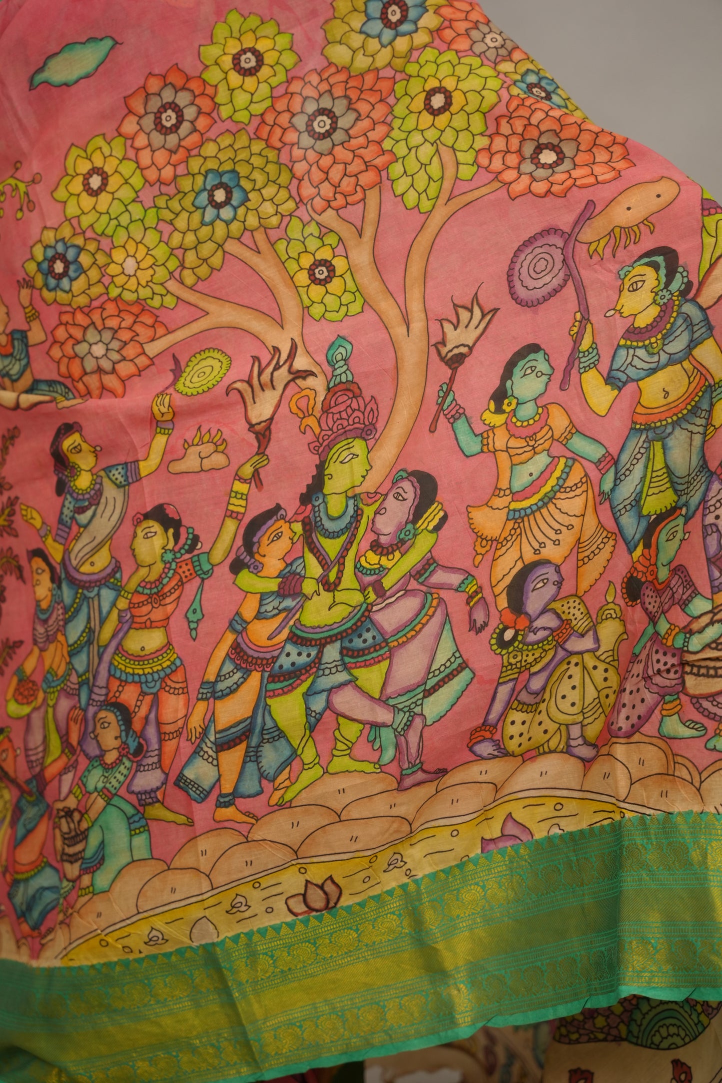 Pink Hand Drawn Pen Kalamkari Bangalore Silk Kanchi Border Saree | Looms & Tassels