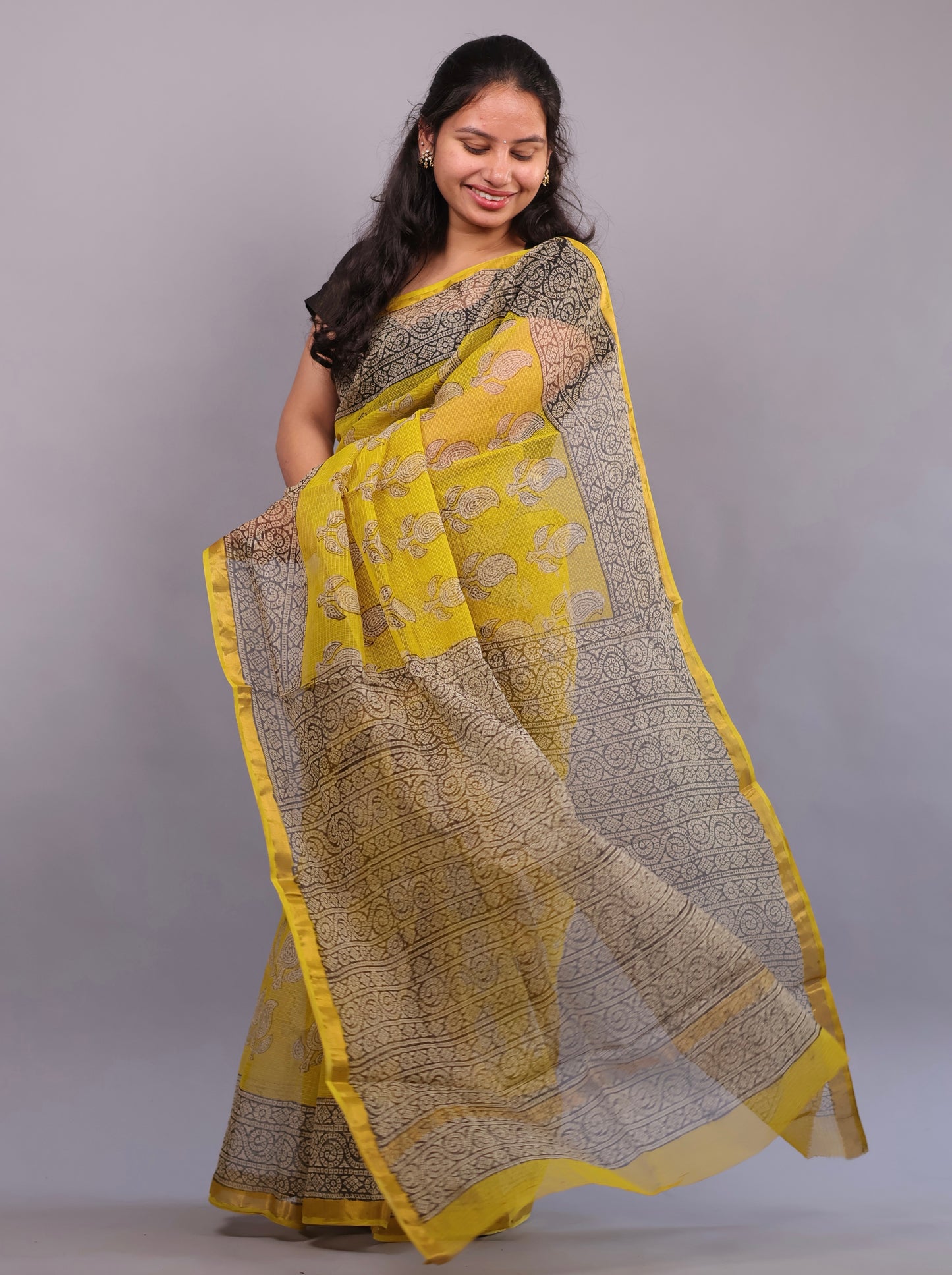 Pure Kota Doria Saree with Bagru Handblock Prints –Yellow | Looms&Tassels