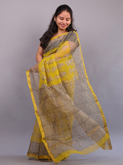 Pure Kota Doria Saree with Bagru Handblock Prints –Yellow | Looms&Tassels