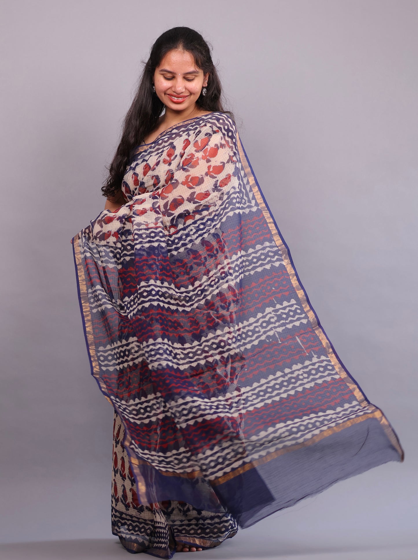 Pure Kota Doria Saree with Bagru Handblock Prints – Maroon & Blue | Looms&Tassels