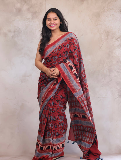 Red Ajrakh Hand Block Printed Mul Cotton Saree | Looms & Tassels