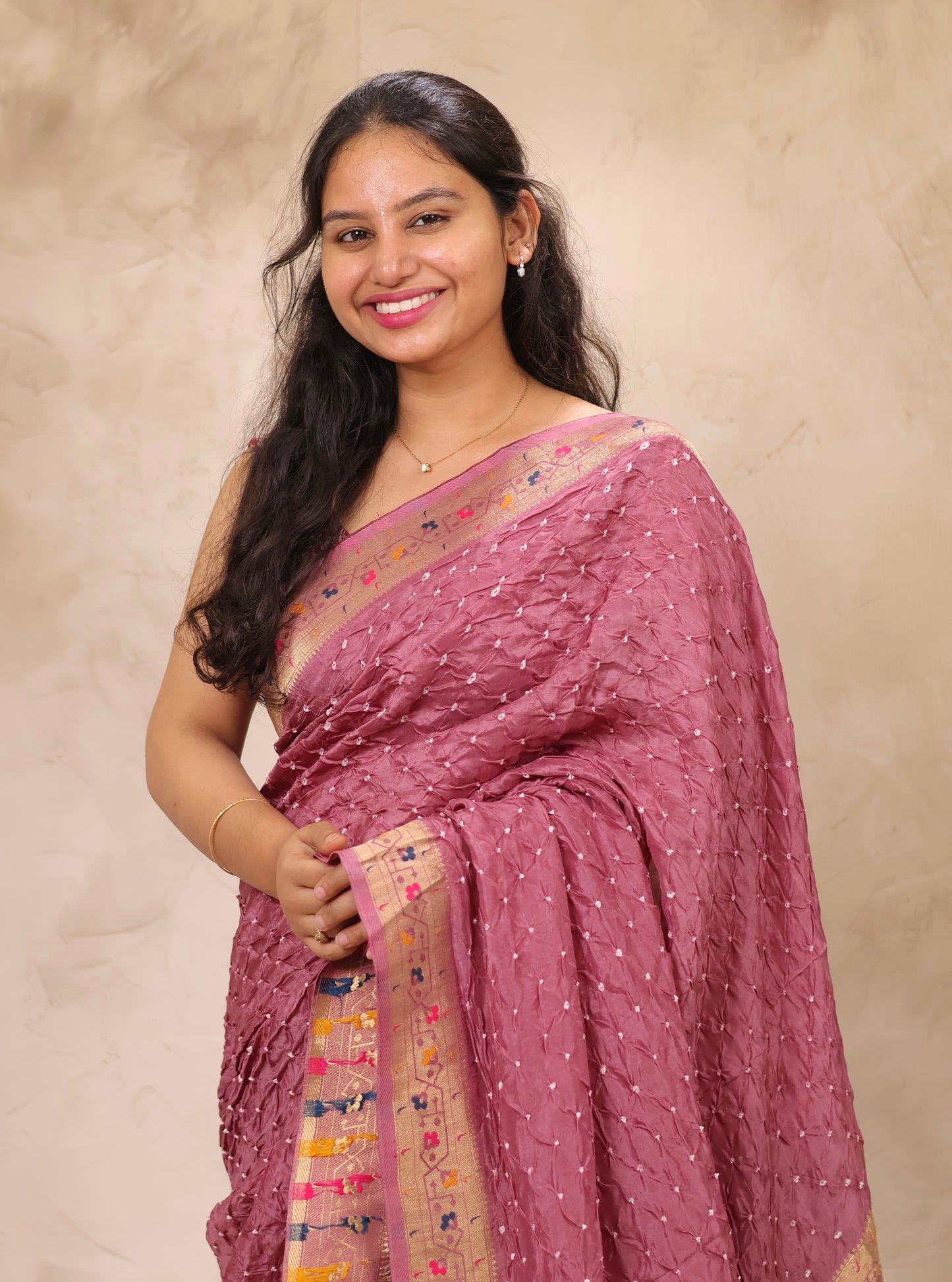 Onion Pink Handcrafted Bandhani Paithani Dola Silk Saree | Looms & Tassels
