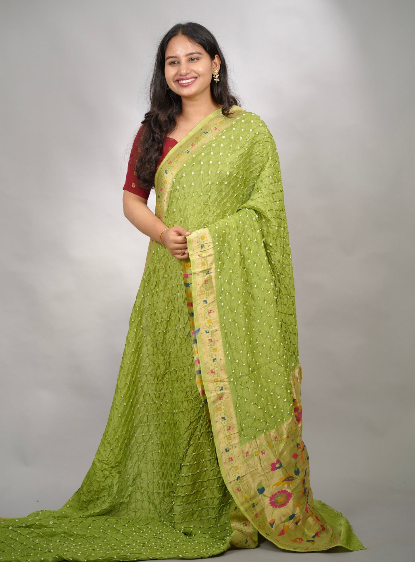 Parrot Green Handcrafted Bandhani Paithani Dola Silk Saree | Looms & Tassels