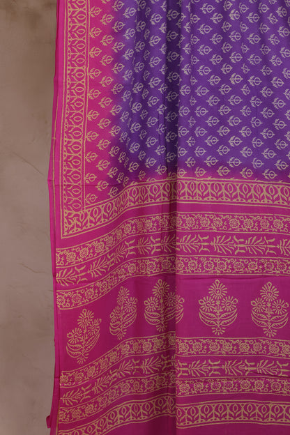 Violet & Pink Bagru Handblock printed MulMul cotton saree | Looms & Tassels