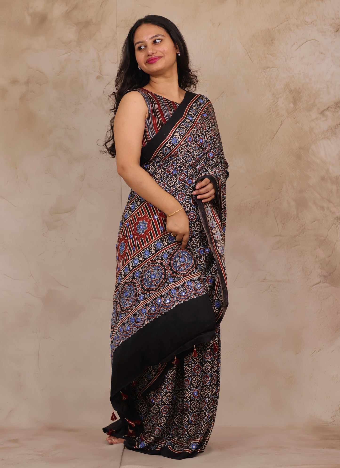 Black Handcrafted Ajrakh Modal Silk Saree with Authentic Banjara Mirror Work | Looms & Tassels