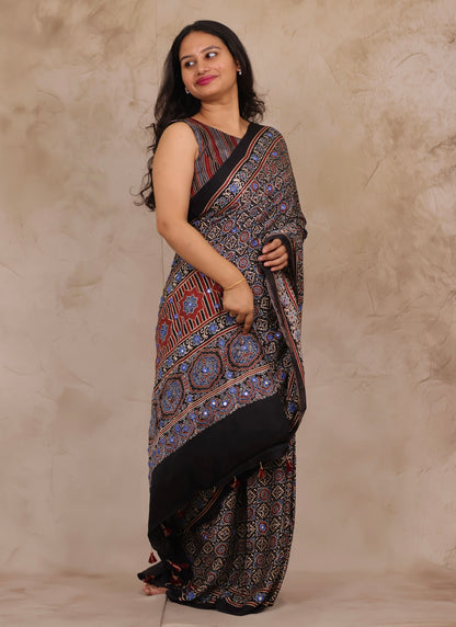 Black Handcrafted Ajrakh Modal Silk Saree with Authentic Banjara Mirror Work | Looms & Tassels