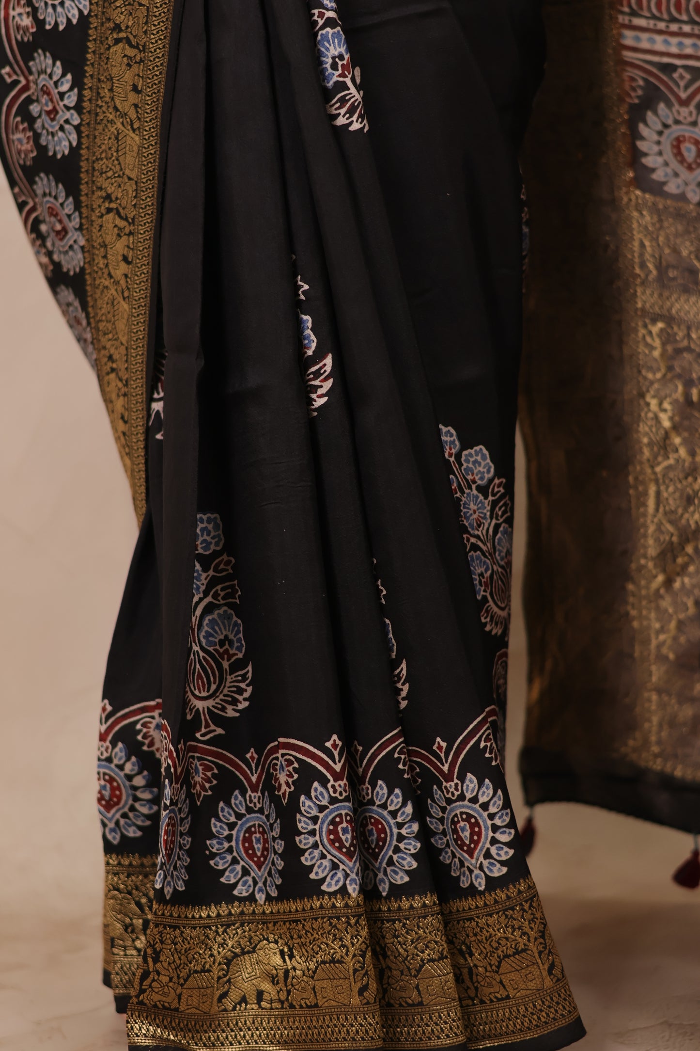 Black Ajrakh Handblock printed Dola Silk Saree | Looms & Tassels