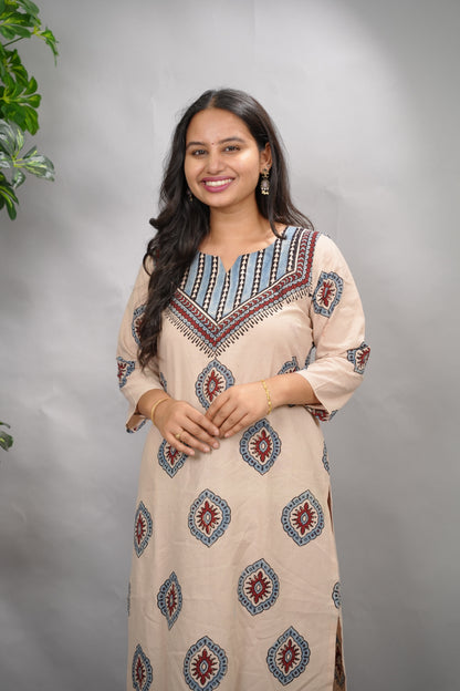 Cream Ajrakh Pattern Hand Block printed Kurti | Looms & Tassels