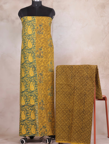 Yellow Ajrakh Handblock Printed Pure Cotton 3 piece suit set | Looms & Tassels