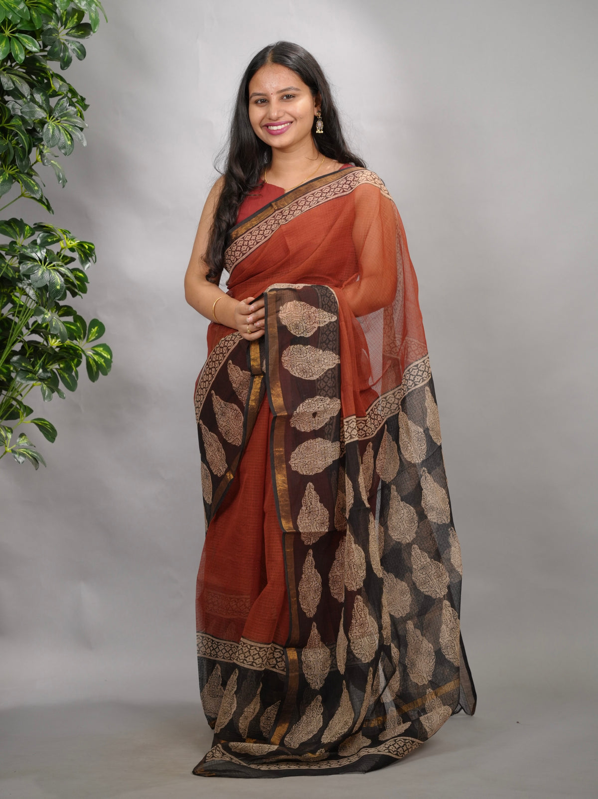 Maroon Pure Kota Doria Saree with Bagru Handblock Prints