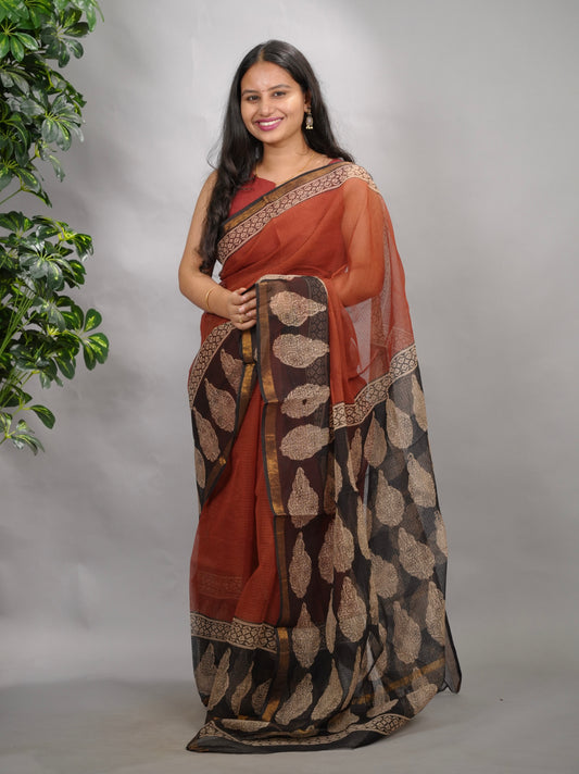 Maroon Pure Kota Doria Saree with Bagru Handblock Prints
