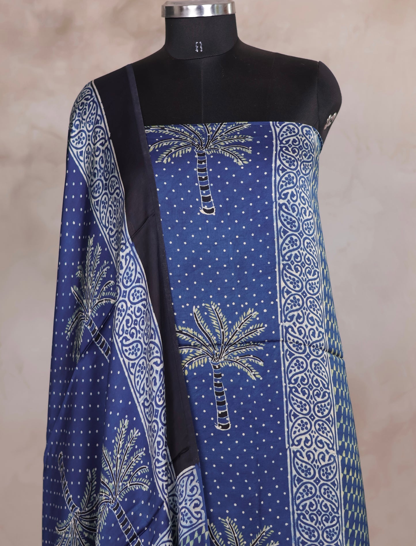 Indigo Ajrakh Handblock Printed Modal Silk 2 Piece Suit Set | Looms & Tassels