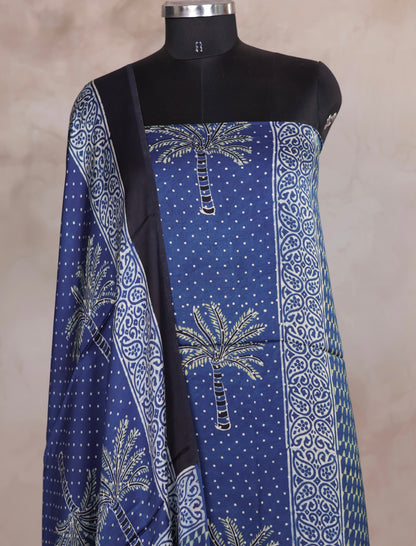 Indigo Ajrakh Handblock Printed Modal Silk 2 Piece Suit Set | Looms & Tassels