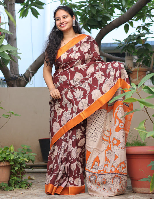 Brown Floral & Fish Kalamkari Silk Handcrafted Nizam Border Saree