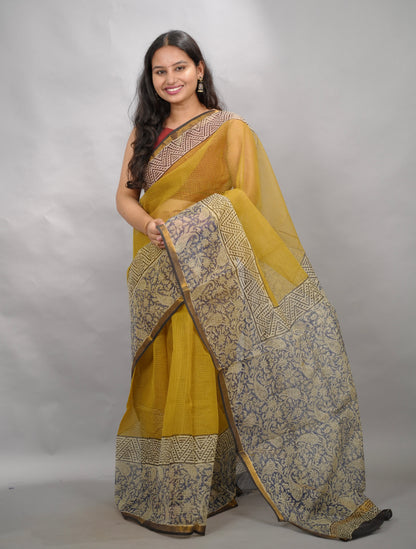 Yellow Pure Kota Doria Saree with Bagru Handblock Prints | Looms & Tassels