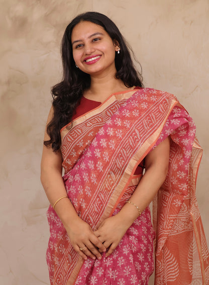 Pink Pure Kota Doria Saree with Bagru Handblock Prints | Looms & Tassels