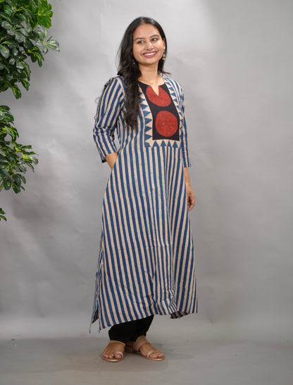 Blue Ajrakh Pattern Hand Block printed Aline Kurti | Looms & Tassels