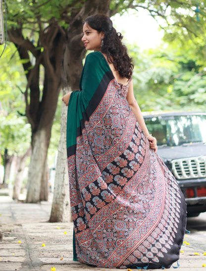 Green Ajrakh Modal Silk Saree