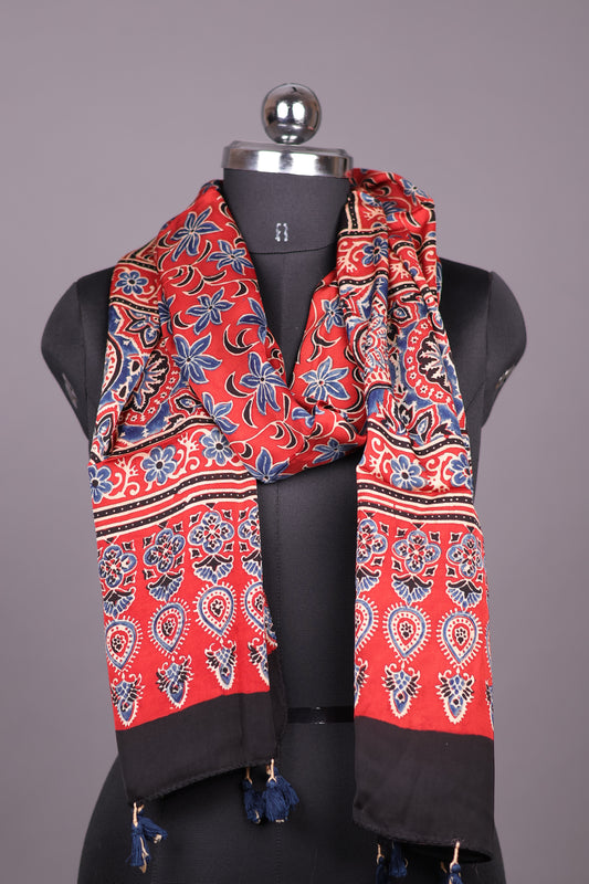 Red Ajrakh Hand Block Printed Modal Silk Stole | Looms & Tassels
