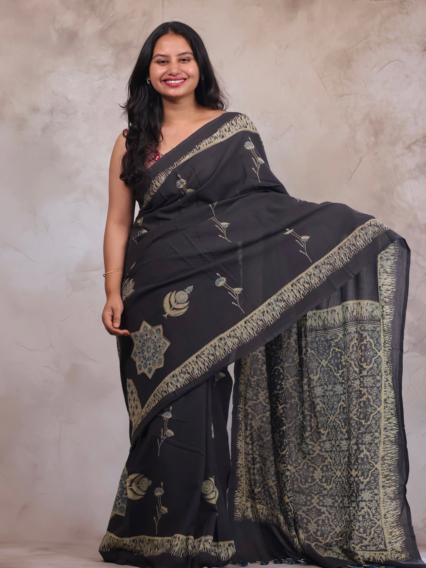 Elephant Grey Ajrakh Hand Block Printed Mul Cotton Saree | Looms & Tassels