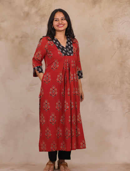 Red Pure Mul Cotton Ajrakh Patchwork Aline Kurta | Looms & Tassels