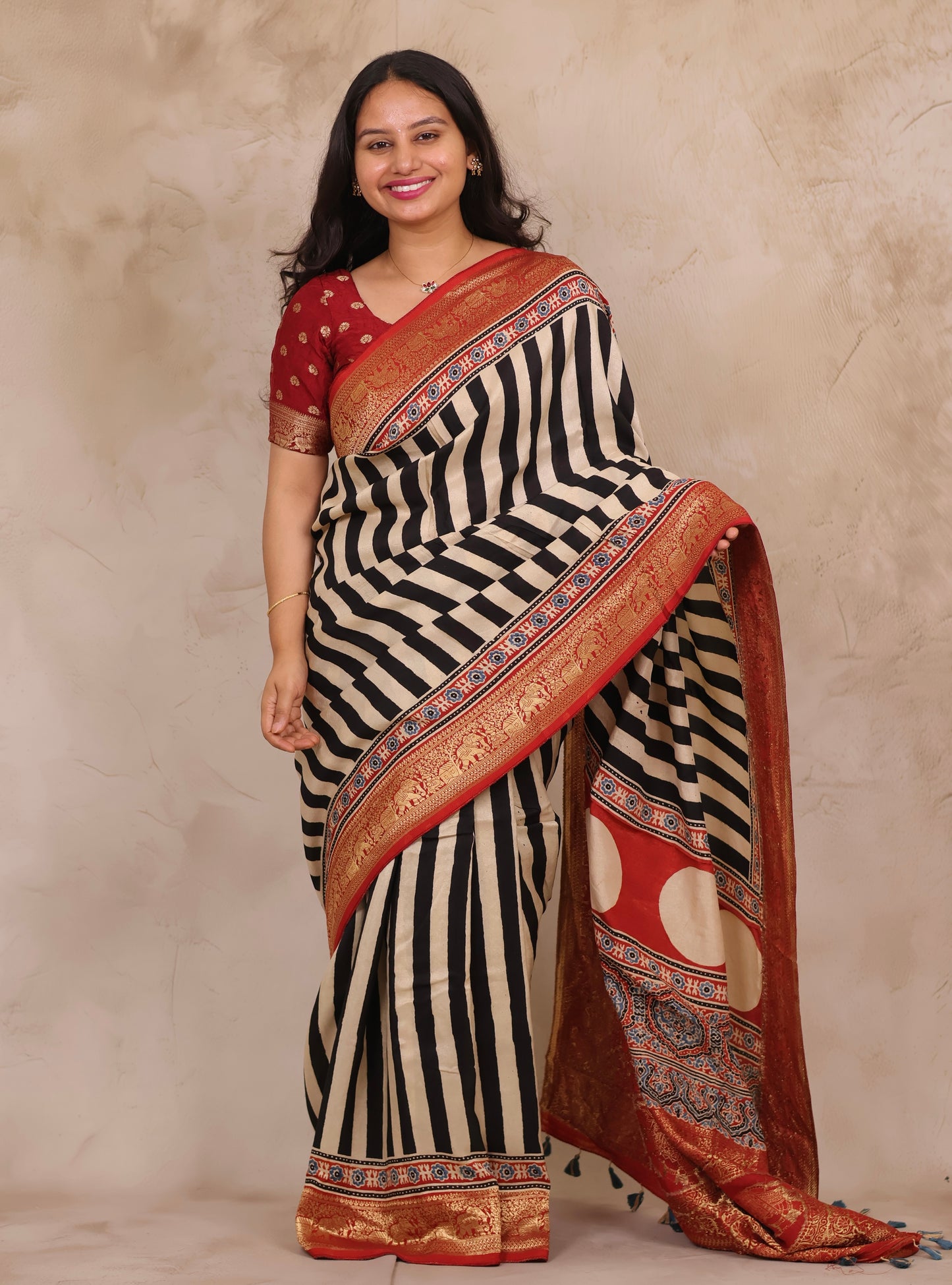 Stripes Contemporary Ajrakh Handblock printed Dola Silk Saree | Looms & Tassels