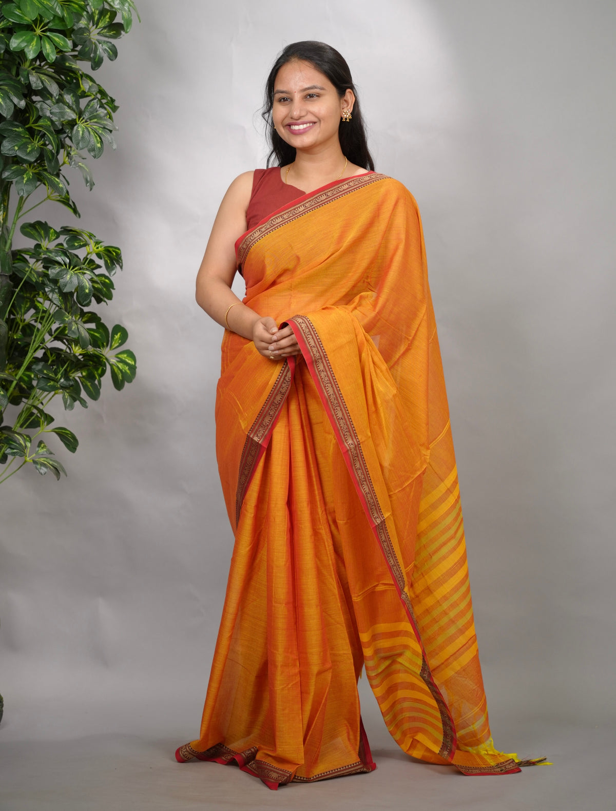 Festive Orange Narayanpet Cotton Saree | Looms & Tassels
