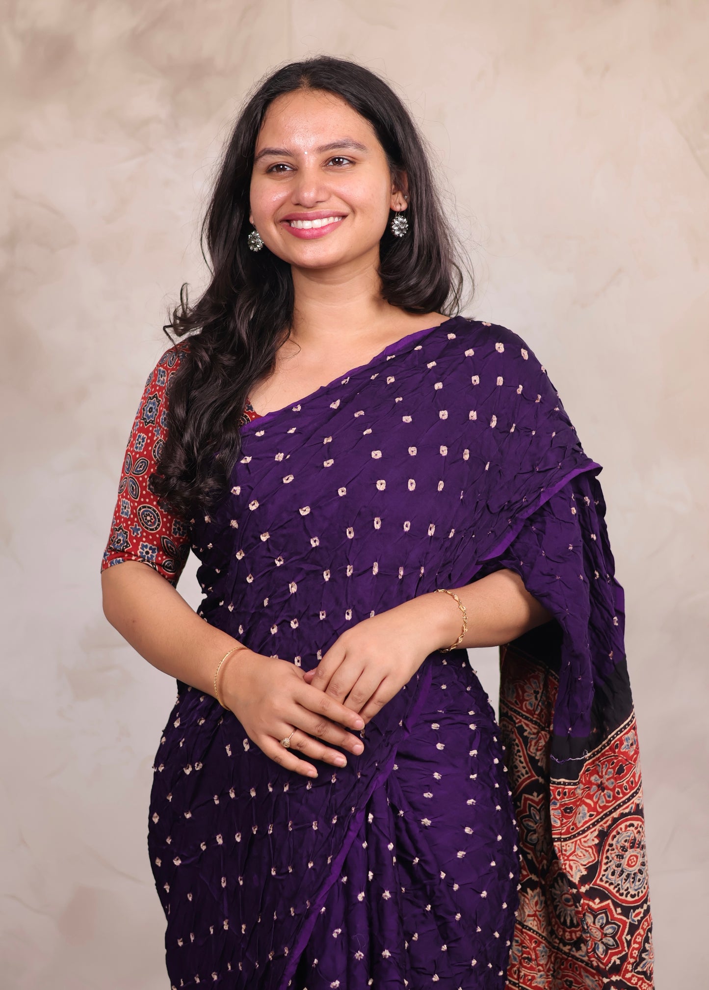 Purple Hand Knotted Bandhej Modal Silk Saree with Ajrakh Pallu | Looms & Tassels