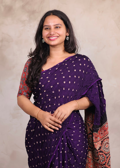Purple Hand Knotted Bandhej Modal Silk Saree with Ajrakh Pallu | Looms & Tassels
