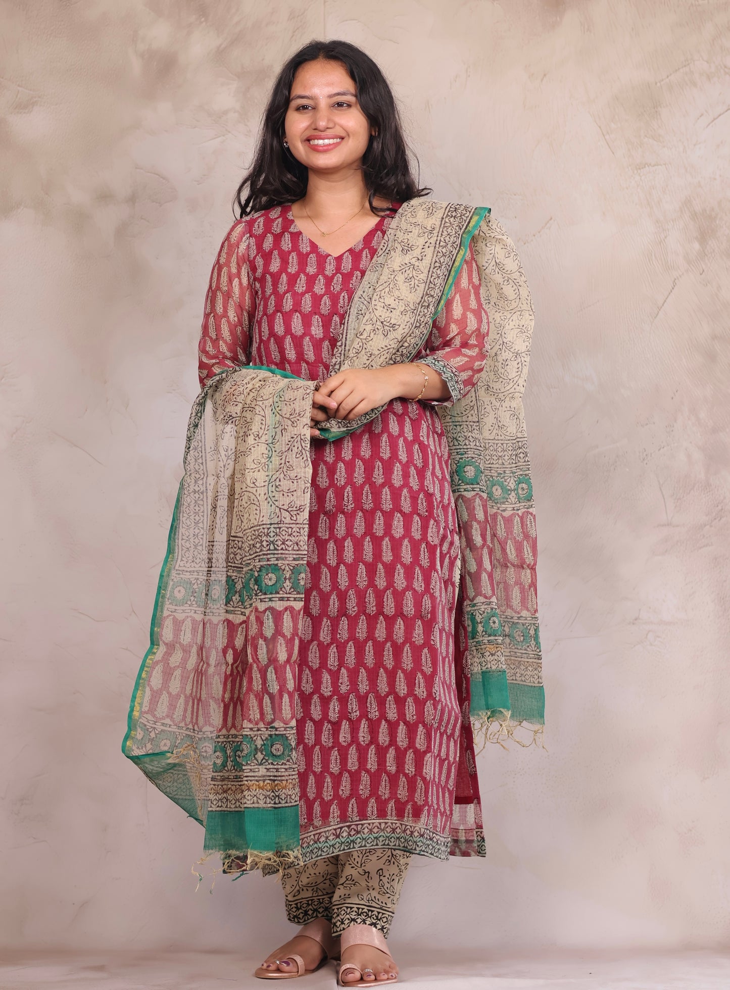 Maroon Bagru Handblock printed kota 3 piece suit (stitched)