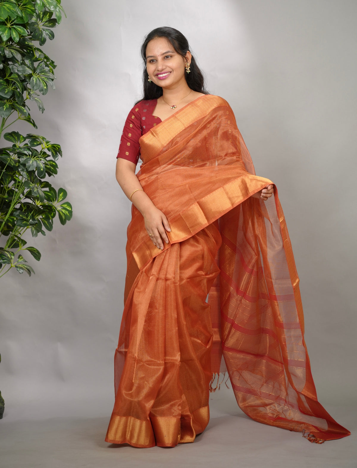 Rust Checks Handloom Maheswari Tissue Silk Cotton Sarees | Looms & Tassels