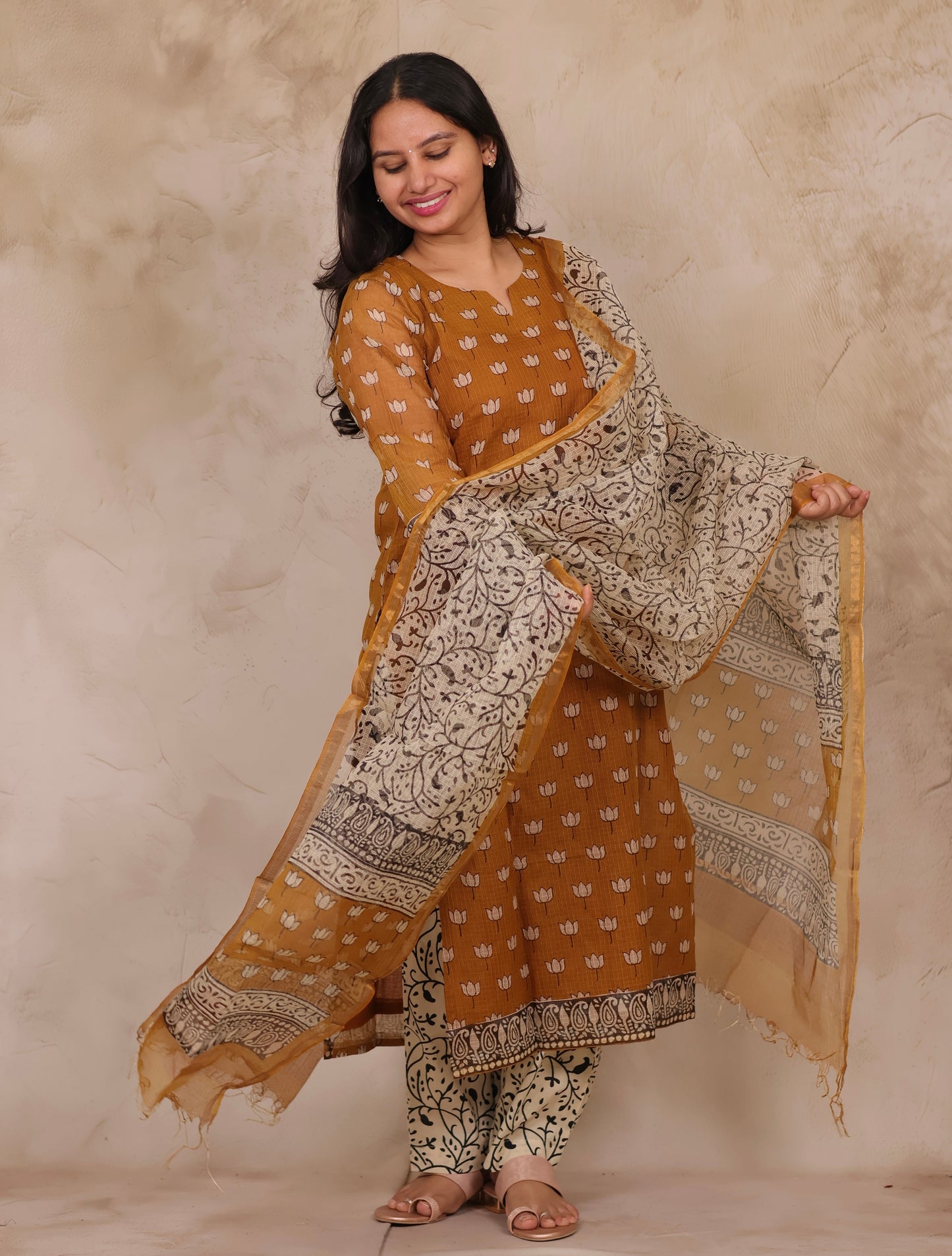 Mustard Handblock printed kota 3 piece suit (stitched)