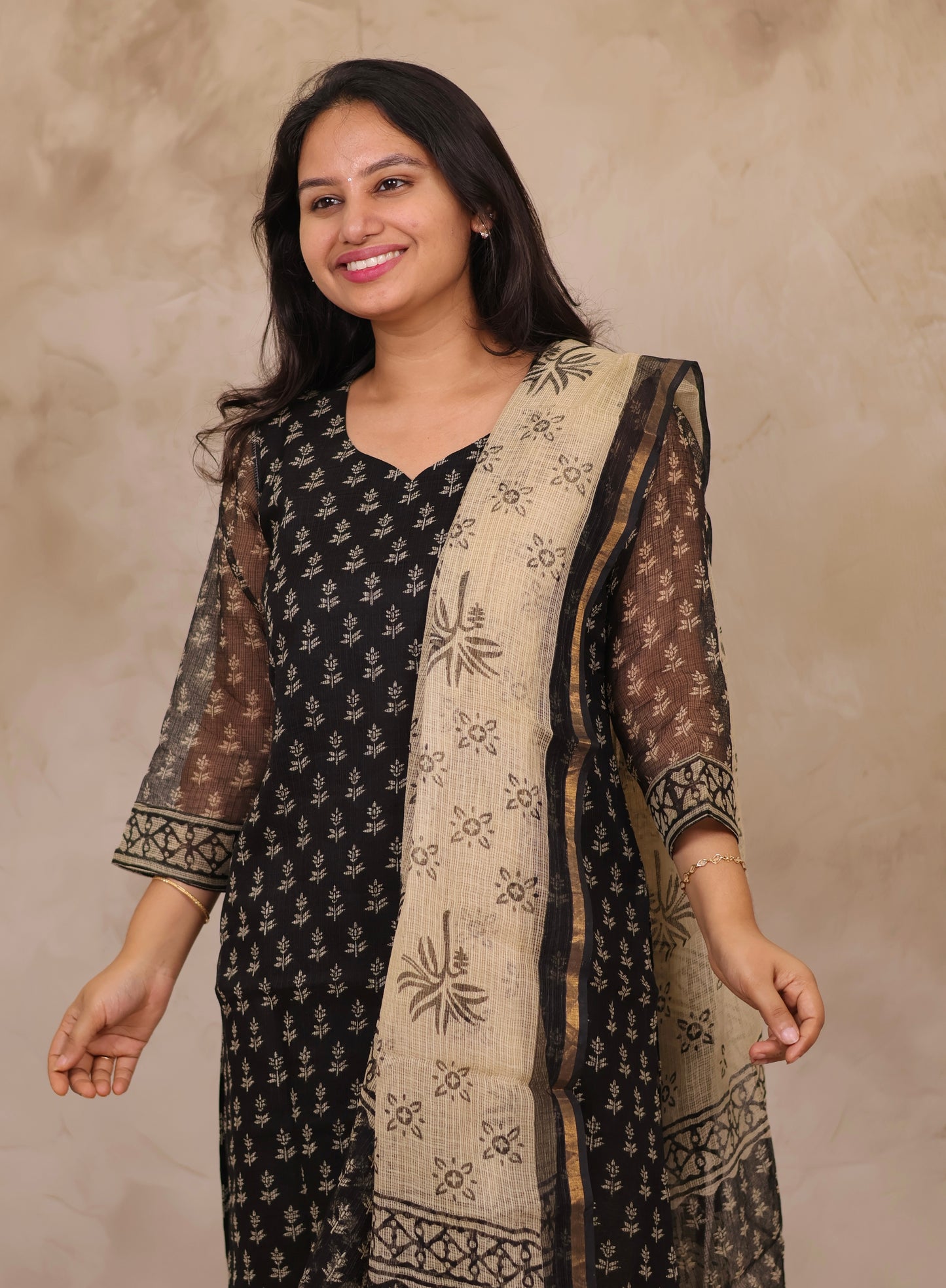 Black Handblock printed kota 3 piece suit (stitched)
