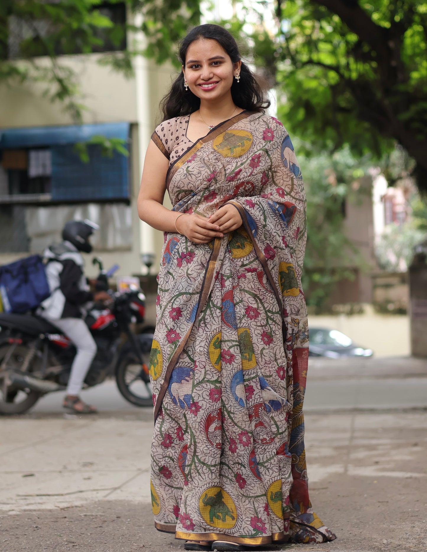 Cream Kalamkari printed Kota Doriya Saree