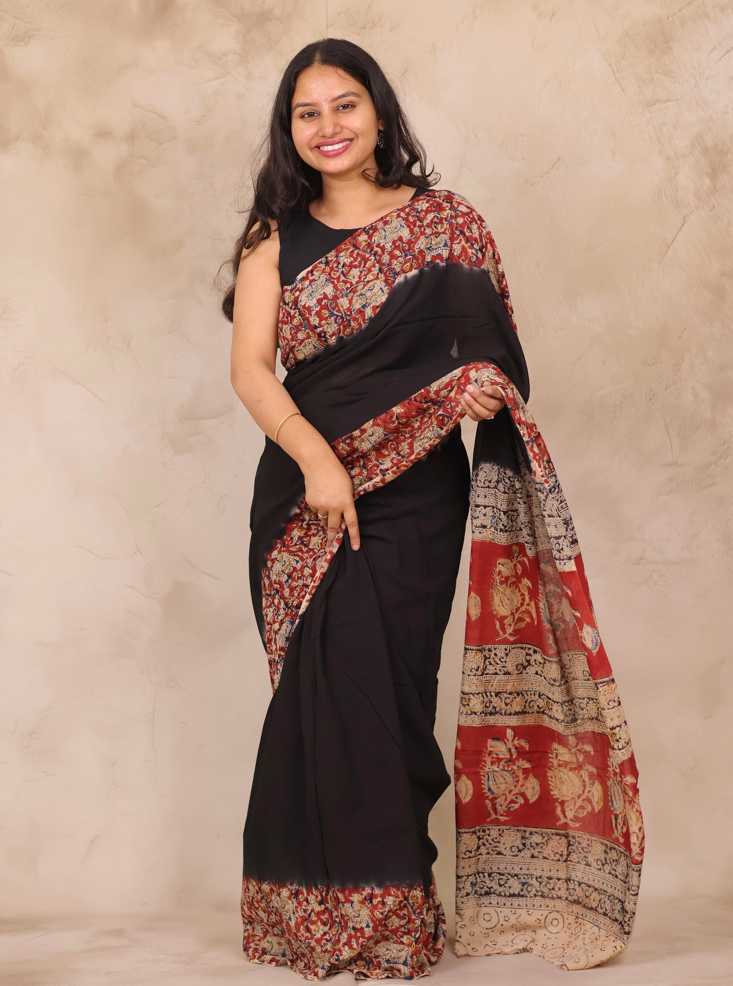 Black Kalamkari Dyeing Pure Cotton Saree