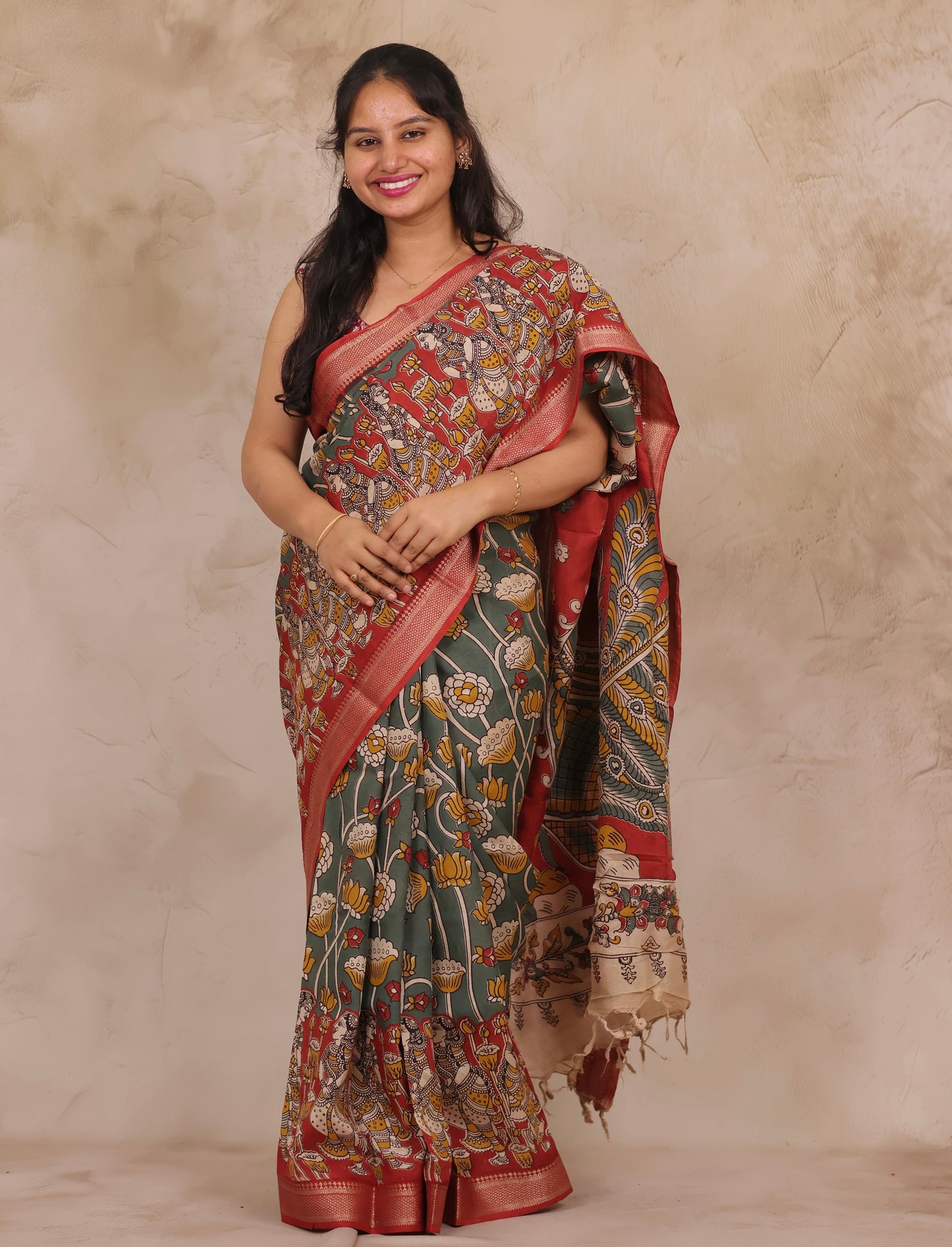 Gray Kalamkari Nizam Border Chennur Silk Saree | Looms & Tassels