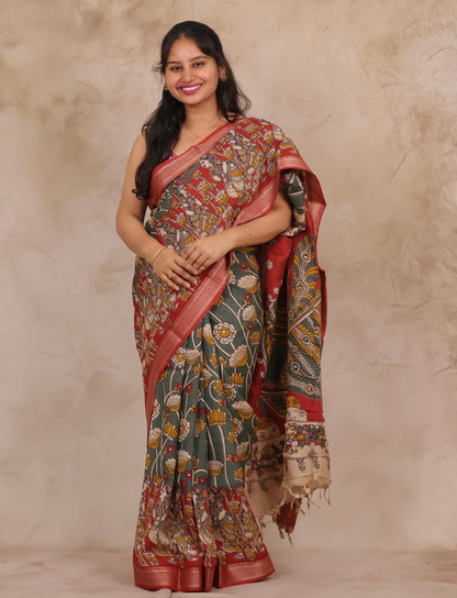 Gray Kalamkari Nizam Border Chennur Silk Saree | Looms & Tassels