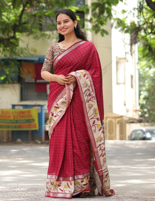 Maroon Checks Kalamkari dyeing premium chennur silk saree