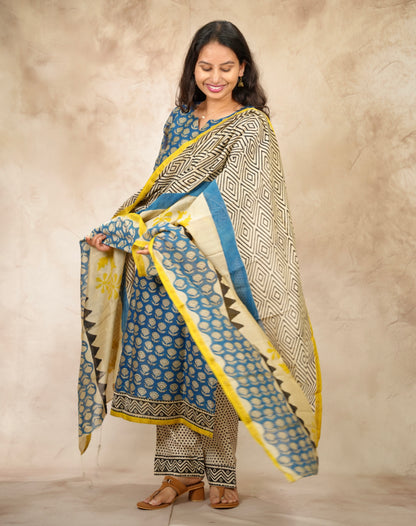 Blue Handblock printed Pure Chenderi Silk 3 piece suit (stitched) |  Looms & Tassels