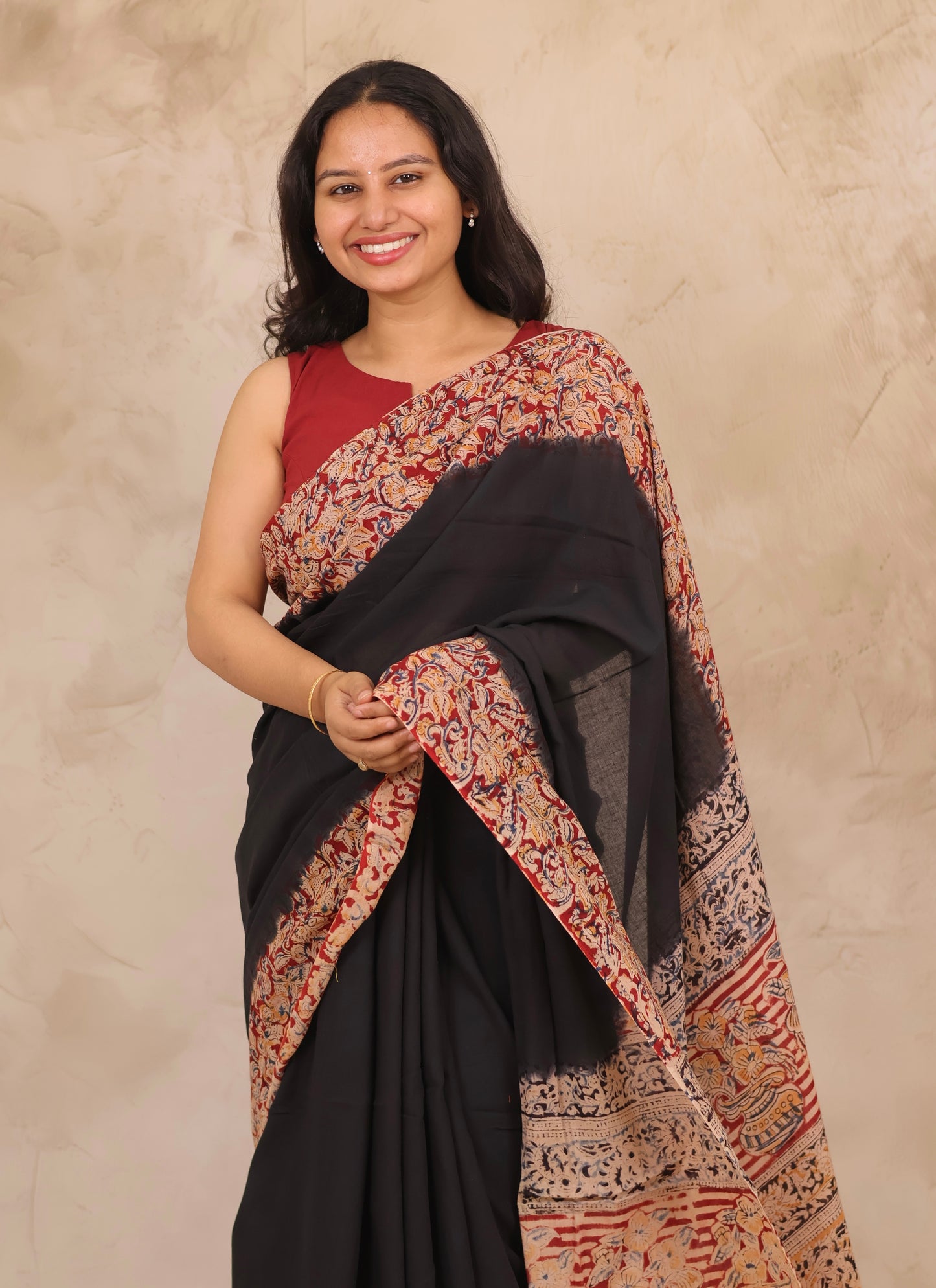 Black Hand Block Printed Kalamkari Cotton Saree | Looms & Tassels