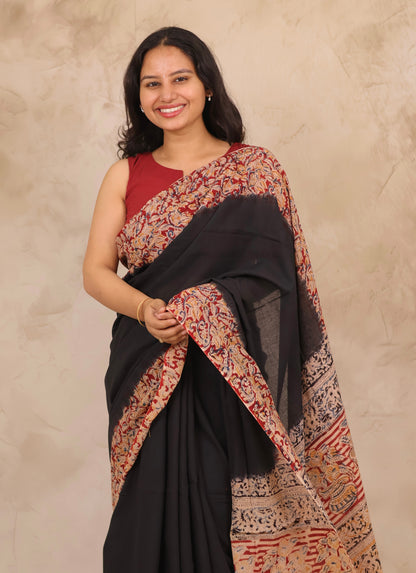 Black Hand Block Printed Kalamkari Cotton Saree | Looms & Tassels