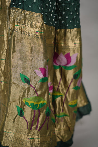 Bottle Green Handcrafted Bandhani Paithani Dola Silk Saree | Looms & Tassels