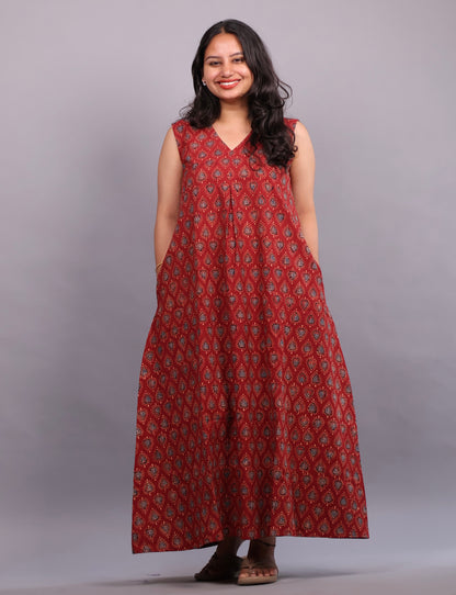 Red Ajrakh Handblock Printed A-Line Cotton Kurti – Elegant & Comfortable Ethnic Wear | Looms & Tassels